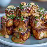 Crispy golden tofu cubes air-fried to perfection, drizzled with rich and creamy peanut sauce for a satisfying vegan meal.  