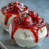 Silky vanilla panna cotta topped with a vibrant homemade strawberry sauce, perfect for a romantic Valentine's Day dessert.  