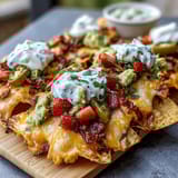Colorful tortilla chips topped with gooey cheddar and Monterey Jack, black beans, and zesty strawberry salsa for a festive appetizer.  