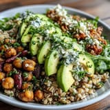 Hearty Ancient Grains Bowl overflowing with fresh, colorful vegetables and creamy avocado.