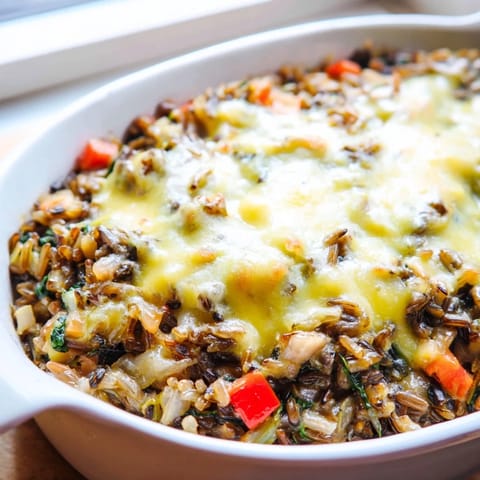 A close-up of bubbling Wild Rice Casserole with melted Gruyère, served as a comforting vegetarian side dish.