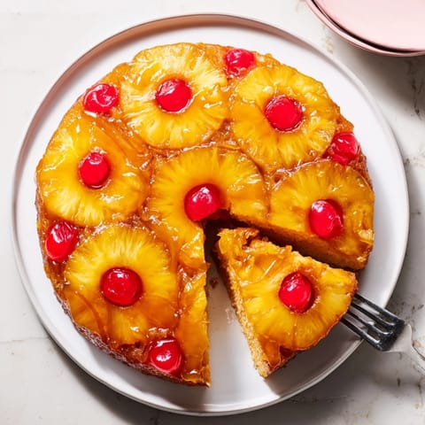 Warm Pineapple Upside-Down Cake slice served on a white plate with vanilla ice cream.