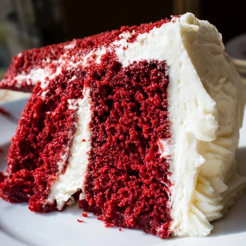 Two-layer red velvet cake with fluffy cream cheese frosting and rich red crumb.