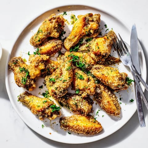 Crispy Garlic Parmesan Wings fresh from the oven, coated in melted butter and minced garlic with herbs.