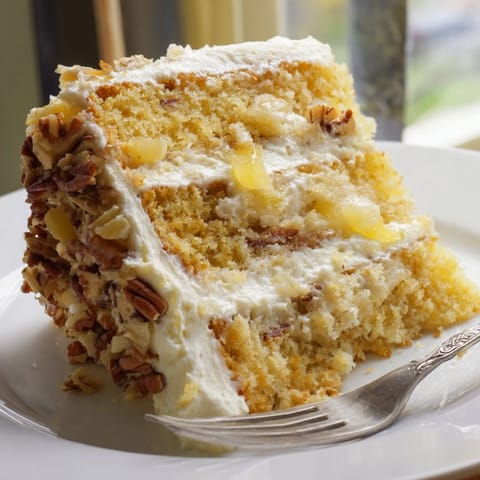A frosted Hummingbird Cake slice on a plate, revealing moist crumb, sweet pineapple, and nutty pecans, served with hot coffee.
