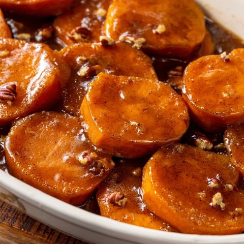 Glossy, caramelized Candied Yams topped with mini marshmallows, ready for a holiday feast.