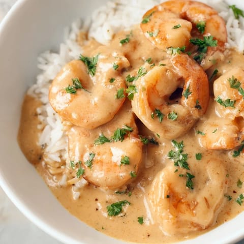 Tender shrimp tossed in a rich Cajun cream sauce served over steaming jasmine rice in a warm bowl, ready to enjoy.