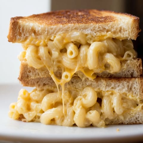 A close-up shows the gooey, creamy macaroni and cheese filling inside a crisp, golden-brown grilled cheese sandwich.