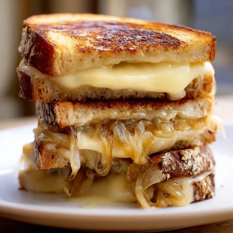 Gooey melted Gruyère and sweet caramelized onions melt between crispy, golden slices of country bread for a gourmet Caramelized Onion & Gruyère Grilled Cheese.  
