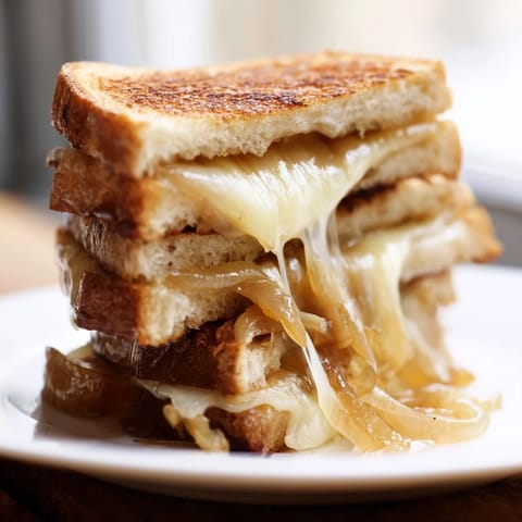 Golden-brown Caramelized Onion & Gruyère Grilled Cheese slices rest on a plate, showcasing oozing cheese and tender, deeply caramelized onions for a comforting meal.  