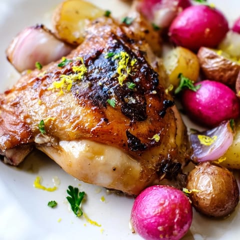 Golden roasted chicken thighs and vibrant red radishes on a sheet pan, garnished with fresh parsley and lemon zest for a zesty finish.