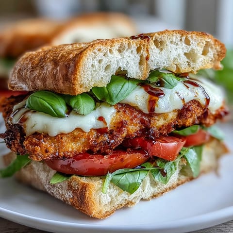 Juicy crispy chicken Caprese sandwich with melted mozzarella and fresh basil on ciabatta.