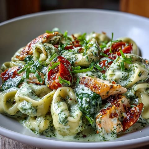 Cheesy tortellini skillet with rotisserie chicken in rich, herbaceous pesto sauce ready for dinner.
