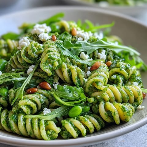 A close-up of Spring Green Pesto Pasta Salad with vibrant basil pesto, sweet peas, peppery arugula, and toasted pine nuts.