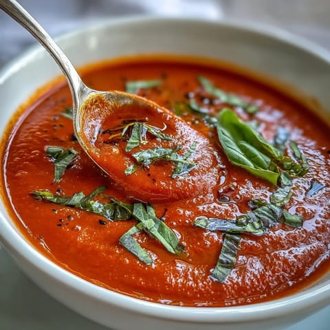 Velvety tomato and basil soup, bright red and garnished with fresh basil leaves.