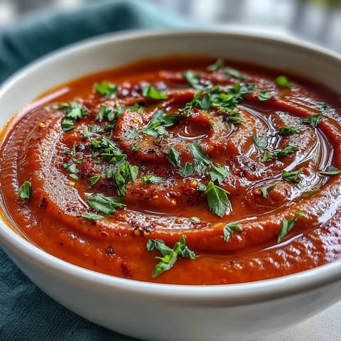 Vibrant roasted red pepper soup, smooth with a hint of smoky harissa and herbs.