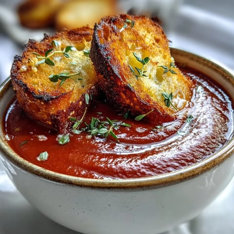Velvety roasted tomato soup with golden, crispy croutons ready to serve.