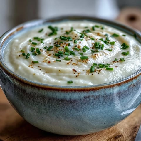 Velvety white Celery Root Bisque ready to serve, with a light cream swirl.