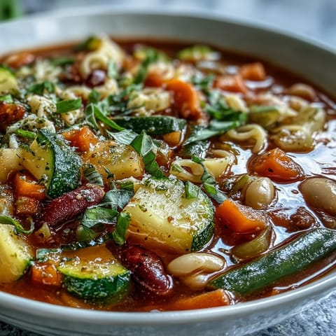 A generous serving of vibrant Minestrone Vegetable Soup, perfect for a cozy dinner.