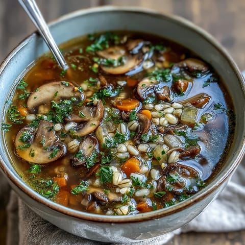 Savor this comforting mushroom and barley soup, a perfect bowl for a cozy evening.