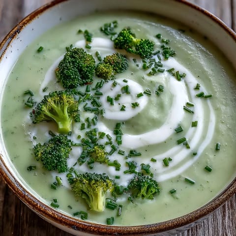 Velvety Creamy Broccoli Soup, topped with a swirl of cream, perfect for a cozy meal.