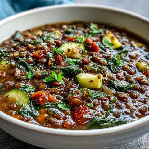 Cozy lentil and vegetable soup topped with fresh parsley, ready to eat.