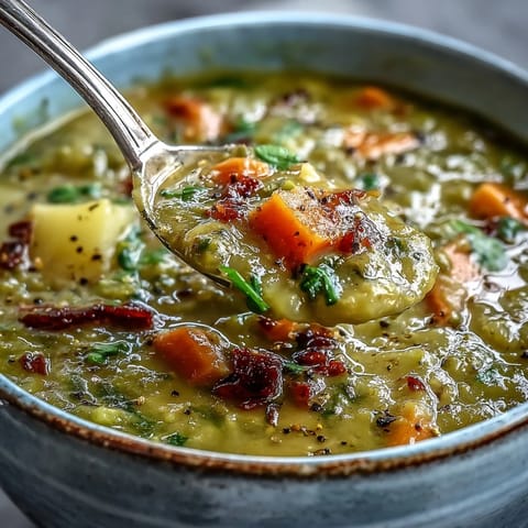 Creamy Split Pea Soup showcasing tender peas and hearty vegetables.