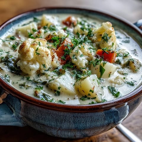 A close-up view of golden cauliflower chowder topped with fresh chives, perfect for a cozy lunch.