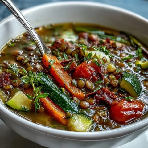 Close-up view of a hearty Lentil and Vegetable Soup, showcasing tender lentils and colorful roasted vegetables in a rich broth.
