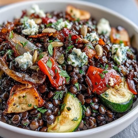 Fork holding a bite of Black Lentil Salad with roasted carrots, cherry tomatoes, and zesty lemon dressing.