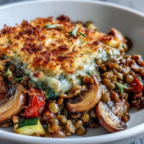 Steam rises from a hearty serving of Green Lentil and Vegetable Casserole plated with a side salad.