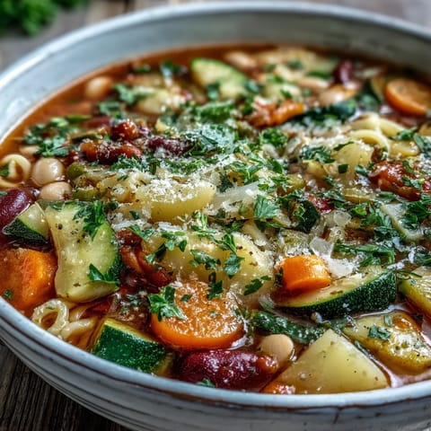 A steaming bowl of Minestrone Vegetable Soup showcases colorful beans, pasta, and fresh spinach in a rich tomato broth, perfect for a cozy family dinner.