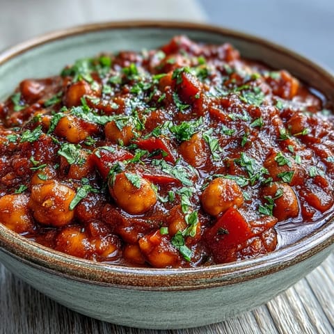 Close-up of Spicy Chickpea Stew simmering in a pot, revealing tender chickpeas, diced carrots, and red bell peppers in a rich tomato broth.