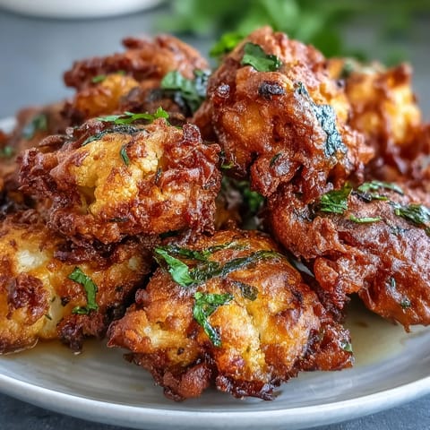 Freshly fried Cauliflower Bhajis with crispy edges and a cooling mint-cilantro yogurt dip, perfect for an Indian appetizer.