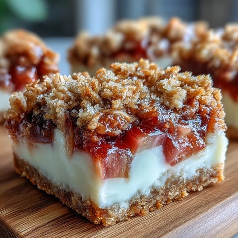 Rhubarb and Custard Crumble Bars with buttery shortbread base and vibrant rhubarb filling, perfect for spring dessert trays.