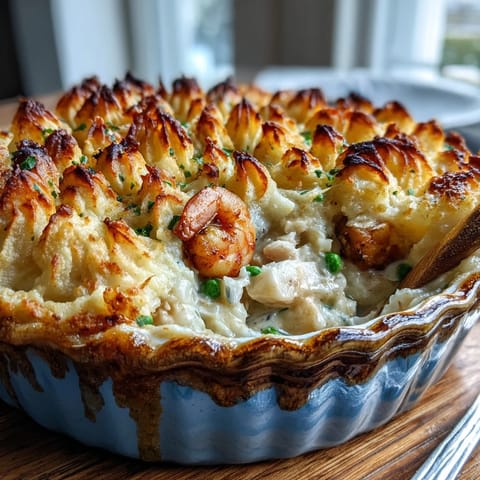A spoon lifts a serving of Curried Fish Pie, revealing tender white fish, smoked fish, and shrimp in a vibrant turmeric curry sauce under fluffy potato topping.