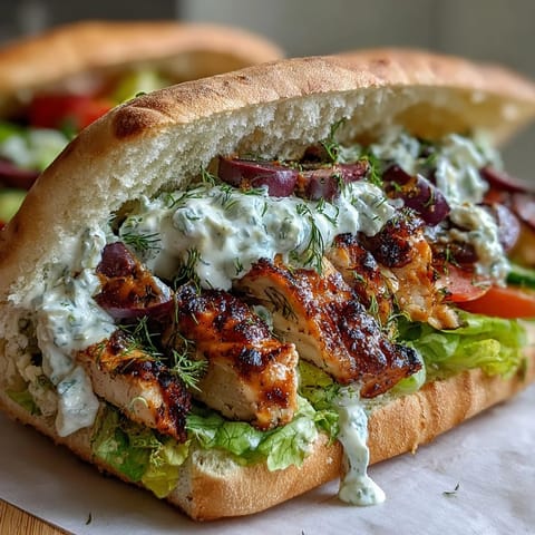 Sizzling Mediterranean Chicken Gyros with Creamy Feta Tzatziki, served open-faced with crunchy lettuce, ripe tomatoes, and Kalamata olives.  