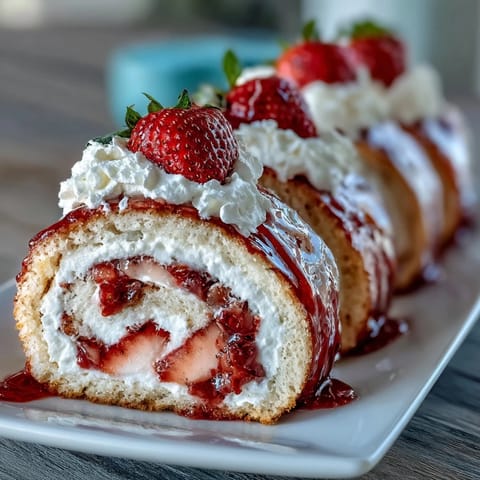 Golden crepes encase fluffy sponge cake, sweet strawberries, and cloud-like whipped cream in this Strawberry Shortcake Sushi Roll.