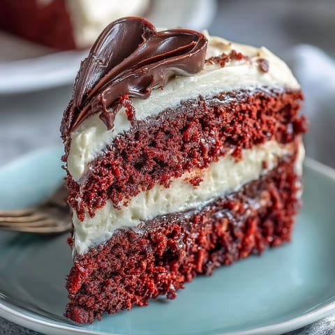 The iconic Red Betty Boop Heart Cake is displayed whole, its glossy dark chocolate figure contrasting with vibrant red layers and smooth white frosting.  