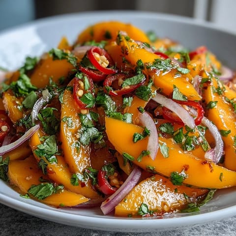 A vibrant bowl of Refreshing Mango Salad showcases juicy mango, red onion, and cilantro, ready to be enjoyed as a light, gluten-free lunch.  