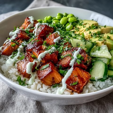 A close-up of a vibrant salmon rice bowl with creamy avocado, crisp cucumber, and edamame on jasmine rice, finished with sesame seeds.