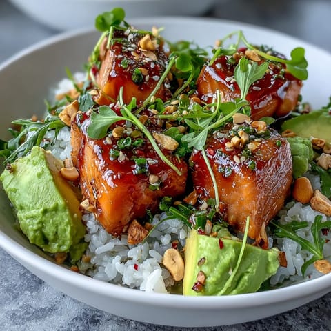 Serving suggestion for the Avocado Salmon Bowl featuring roasted peanuts, fresh cucumber, and a zesty wasabi drizzle over rice.