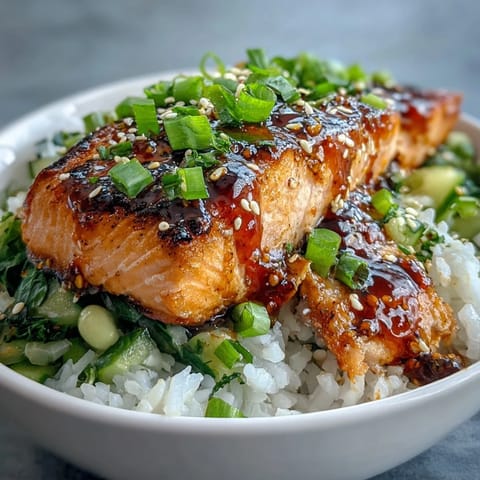 A close-up of a Bang Bang Salmon Bowl showing toasted sesame seeds, fresh cilantro, and lime wedges beside tender salmon and colorful salsa.