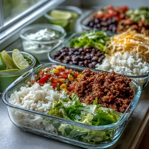 Colorful Meal Prep Burrito Bowl Base ingredients like bell peppers, corn, and tomatoes are neatly arranged for weekly meal prep.