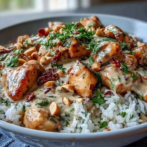 Sliced chicken and fresh veggies in a Peanut Chicken Protein Bowl, featuring fluffy coconut rice and a luscious Thai-inspired peanut drizzle.  