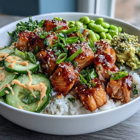 Golden-brown baked salmon cubes sit atop fluffy jasmine rice, garnished with edamame, avocado, and cucumber slices for a fresh meal.