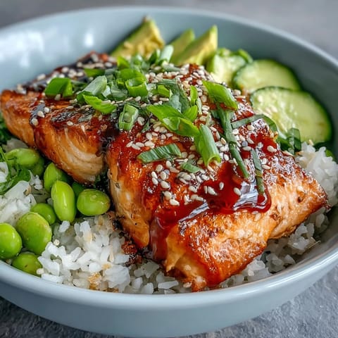Pan-fried salmon fillet glazed in a sticky sweet and spicy sauce, served in a vibrant rice bowl with toppings.  
