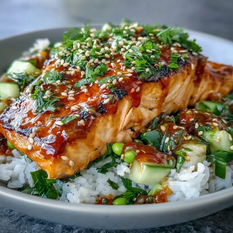 A colorful Bang Bang Salmon Bowl garnished with sesame seeds, fresh cilantro, and bright lime wedges for a zesty finish.  