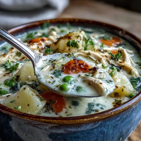 Creamy Chicken Pot Pie Soup simmering in a Dutch oven, filled with tender vegetables and shredded rotisserie chicken.