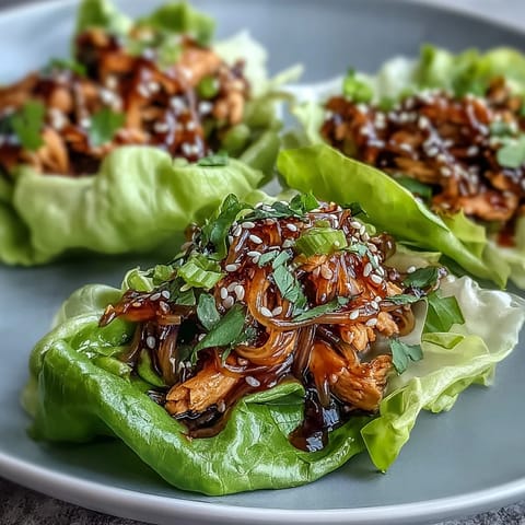 Ground turkey noodles tossed in a spicy sauce, nestled inside vibrant green butter lettuce cups with sesame seeds.